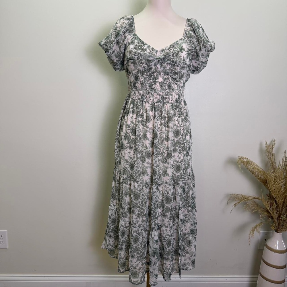 Trixxi Green Floral Cottagecore Smocked Back-Tie Midi Dress - Size Medium (M)